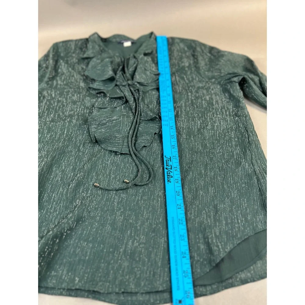 Tommy Hilfiger Womens Green Metallic Ruffle V-Neck Blouse Long Sleeve Top L